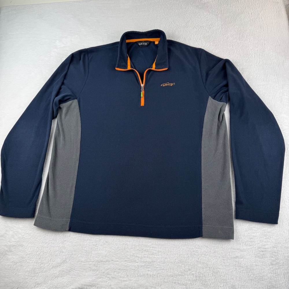 Orvis Pullover Mens Large Navy Blue Quarter Zip Waffle‎ Knit Colorblock